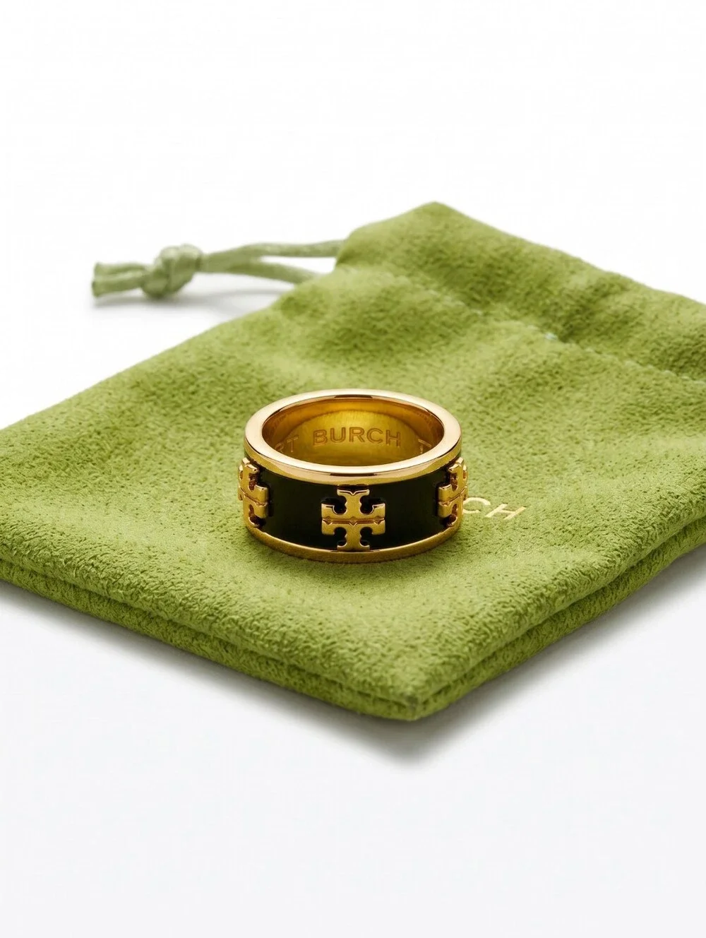 Tory Burch Kira Enamel Black and Gold Double-T Logo Wide Band Ring